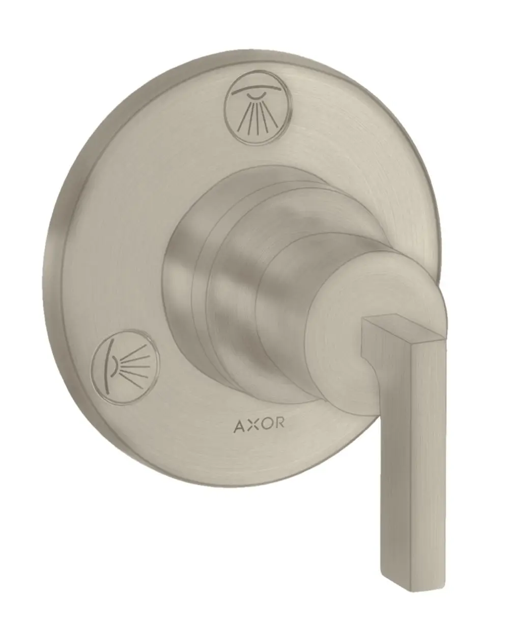 Unterputzventil mit Hebelgriff in gebürstetem Nickel, Marke AXOR. Symbole für Ab- und Umstellung an der Vorderseite. Rundes Design mit einer flachen Oberfläche.